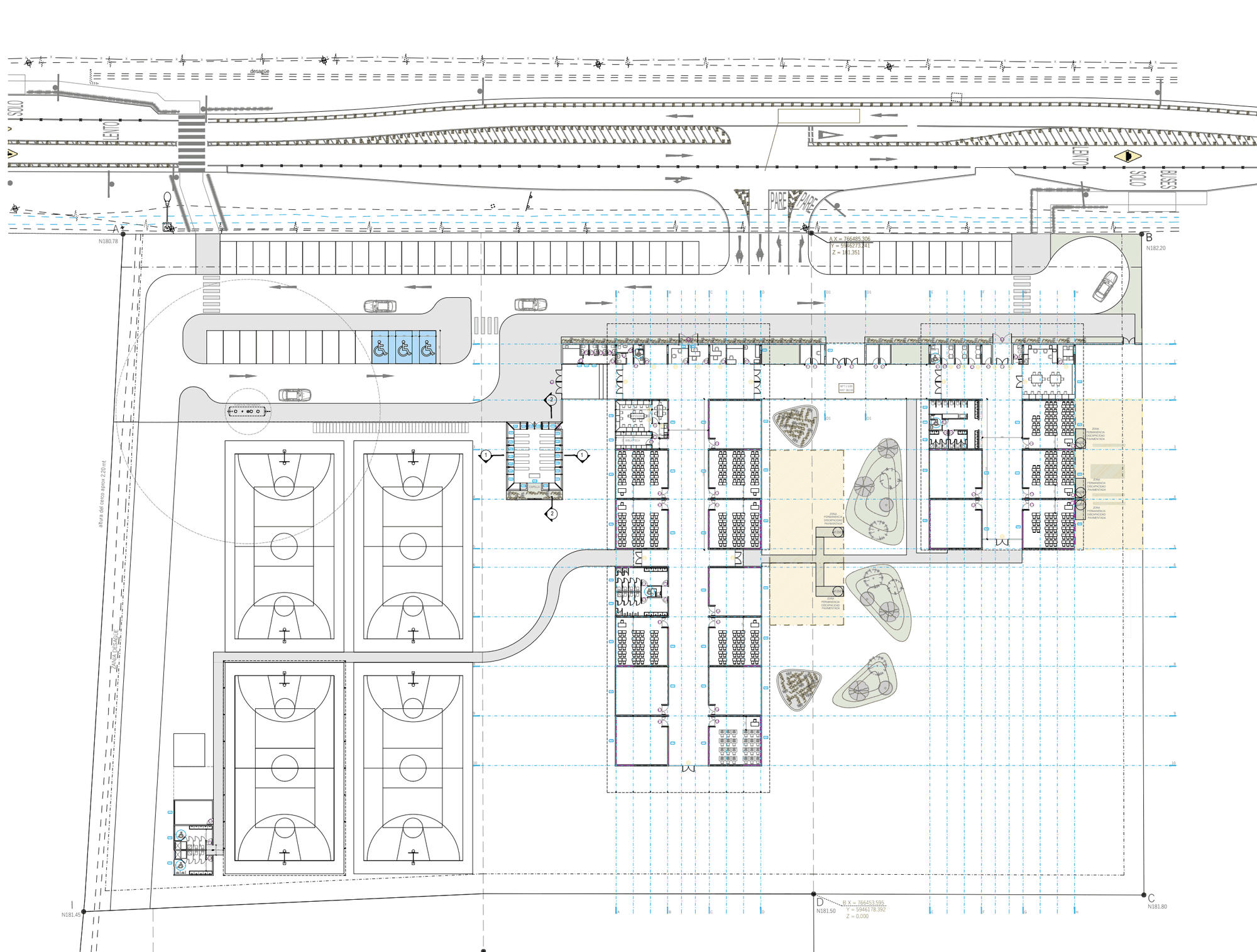 Colegio San Agustín — planta de emplazamiento con pabellones de aulas, multicanchas y estacionamientos